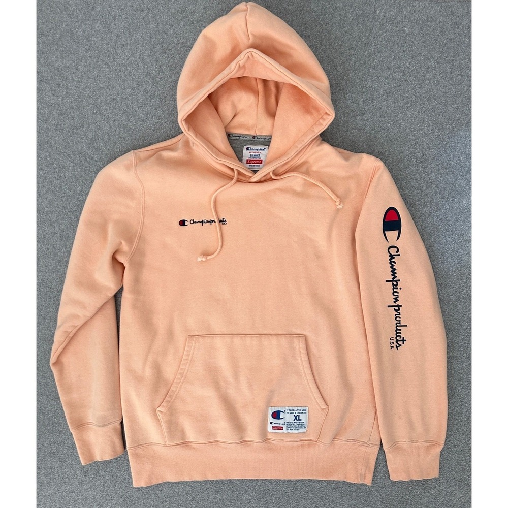 Supreme Champion Hoodie XL Peach Orange Fleece Pullover Sweatshirt Collab